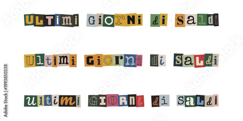 Scritta ultimi giorni di saldi in stile collage con ritagli di giornale colorati su sfondo bianco