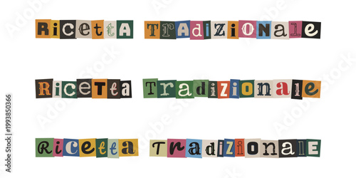 Titolo ricetta tradizionale con lettere ritagliate stile collage vintage per blog di cucina e ricettari