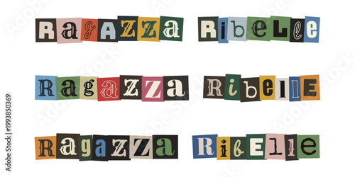 Scritta Ragazza Ribelle in stile collage punk rock per design creativo femminista