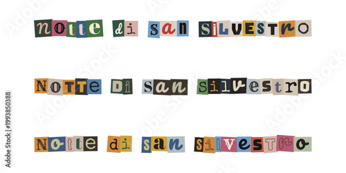 Scritta Notte di San Silvestro in stile collage con ritagli di giornale per festa di Capodanno