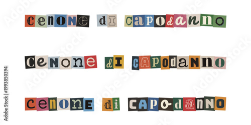 Scritta Cenone di Capodanno in stile collage di giornale ritagliato su sfondo bianco