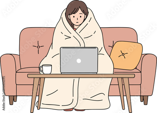 A Cozy Remote Worker Fully Enclosed In A Blanket On A Sofa Typing On A Laptop