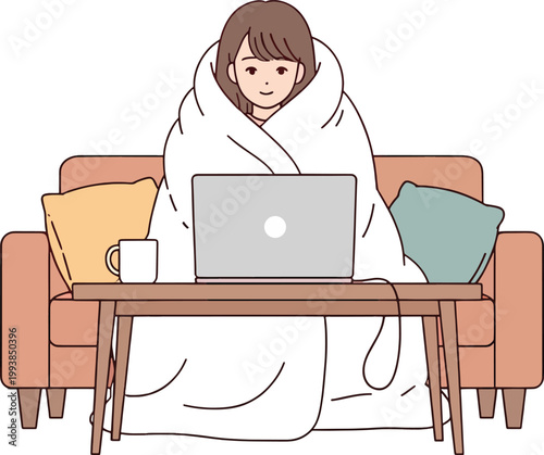An Illustrated Girl Cocooned In A Fluffy Blanket Using A Laptop On A Small Table