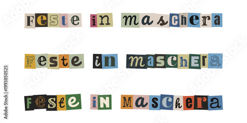 Scritta feste in maschera con lettere ritagliate stile lettera di riscatto per inviti e mistero