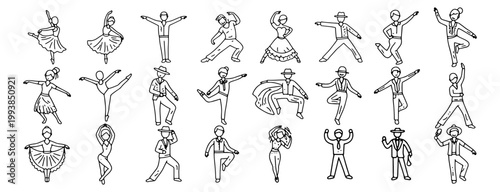 Dance line icon set. Vector of various people tango, jazz, samba, flamenco, disco ,traditional folk, dancing styles - ballet, salsa, hip-hop,  freestyle thin linear illustration.