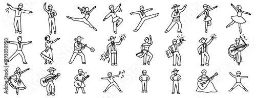 Dance line icon set. Vector of various people traditional folk, tango, jazz, samba,dancing styles - ballet, salsa, hip-hop,  flamenco, disco freestyle thin linear illustration.