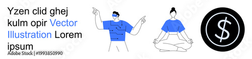 Mental wellness, technology innovation, financial growth, online learning, mindfulness practice, visual design. Person in VR headset, meditating figure dollar sign icon. Technology innovation