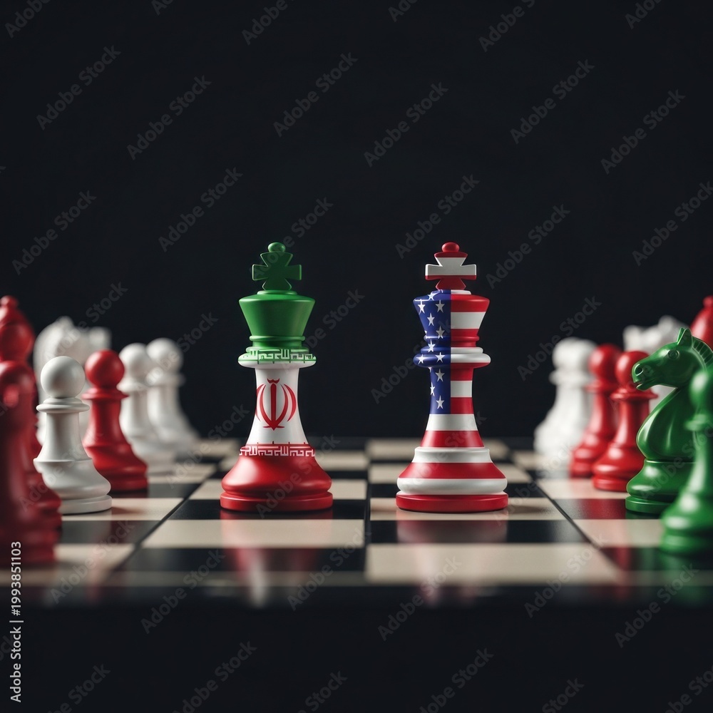 Fototapeta premium Geopolitical Chess Match - Iran vs USA Kings on Board.