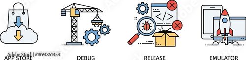 Software development icons represent the lifecycle of a digital mobile.