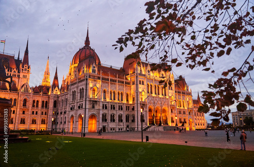 Hungarian Parliament Building in the evening at the Danube river in Budapest, Hungary. High quality photo