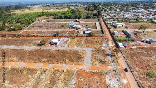 Konstfotografi Aerial view of houses complexes and small farms near the University of Brasília campus and the DF-480 highway, in the satellite city of Gama