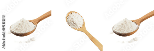 Wooden spoon with white flour isolated on white background high quality transparent PNG food asset.