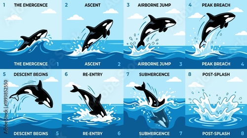 A vibrant minimalist graphic illustration detailing the complete eight-step sequence of an orca's spectacular full-body breach, capturing its powerful jump above ocean waves