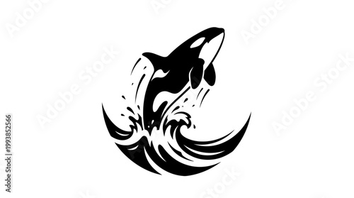 Dynamic minimalist vector logo featuring a stylized killer whale breaching from powerful ocean waves, capturing marine wildlife's strength and agility in a sleek black and white design