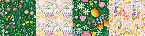 Colorful vintage flower garden art seamless pattern illustration set. Retro nature floral background in hand drawn style. Spring season decoration texture collection, nature textile drawing print.