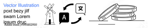 Language translation, renewable energy, economic stability, communication, globalization, and currency. Windmill with arrows, speech bubbles and coins. Language translation and renewable energy