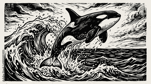 Dynamic woodcut illustration captures a magnificent orca breaching powerful ocean waves under a dramatic, cloudy sky, showcasing marine life's raw power and beauty