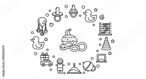Baby Toy Thin Line Icon Set Nursery Duck Pacifier Rings Vector Illustration