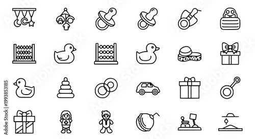 Baby Toys Thin Line Icon Set Nursery Pacifier Duck Rings Vector Collection