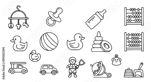 Nursery Baby Toy Thin Line Icons Collection Duck Pacifier Play Vector Set