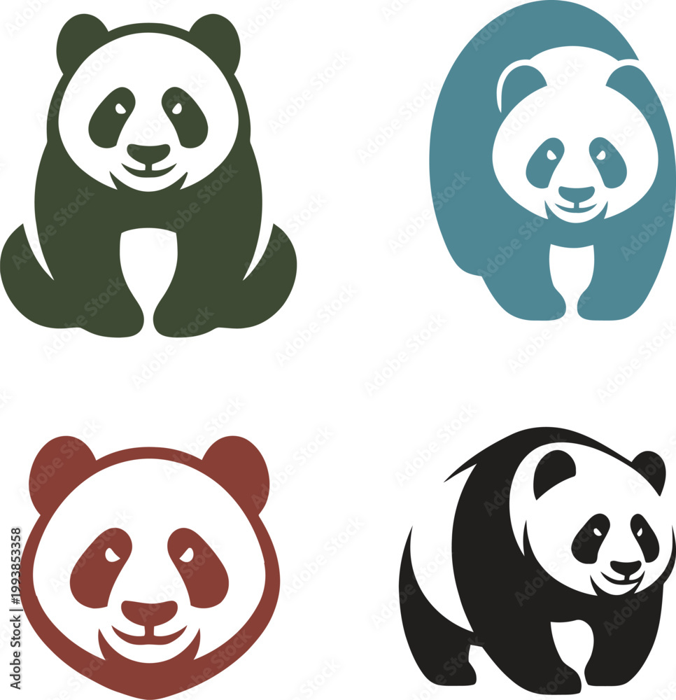 Obraz premium This image displays a collection of four stylized panda illustrations arranged in a grid. Each panda is rendered in a different visual style, ranging from minimal flat icons to more expressive mascot-