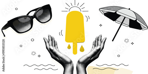 Summer vacation essentials ice pop, sunglasses, and umbrella with hands under the sun