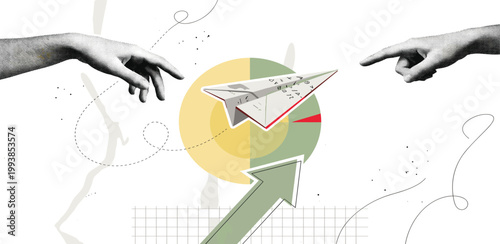 Conceptualizing success through collaboration Two hands connect, launching a paper airplane that symbolizes new business ideas, innovation, and strategic growth pathways