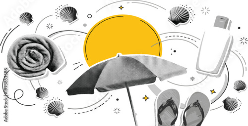 Summer vacation beach accessories, including a rolled towel, sun umbrella, flip-flops, and sunscreen bottle, surrounded by seashells and playful decorative elements