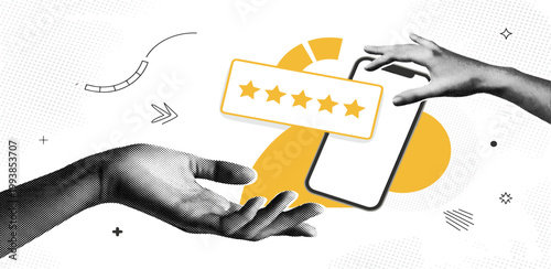 Abstract illustration showcasing hands engaging with a smartphone displaying five stars, emphasizing positive customer reviews, service excellence, and digital user satisfaction