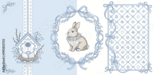 Elegant light blue Easter collection with a charming bunny in a decorative frame, a birdhouse with eggs, and delicate vintage patterns for spring holiday themes