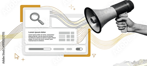 Online Marketing Strategy with Megaphone and Search Bar Graphic for Business Growth and Promotion