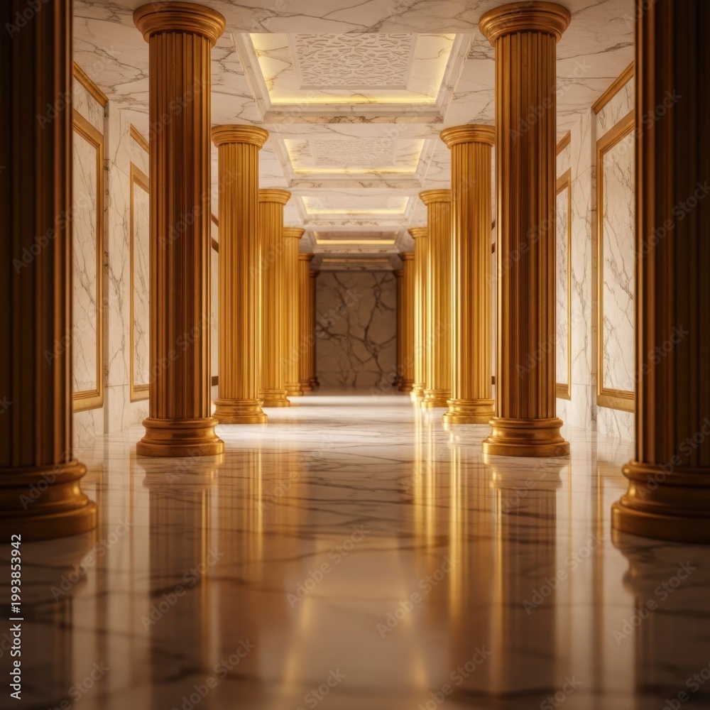 Fototapeta premium Luxurious Golden Hallway with Marble and Columns.