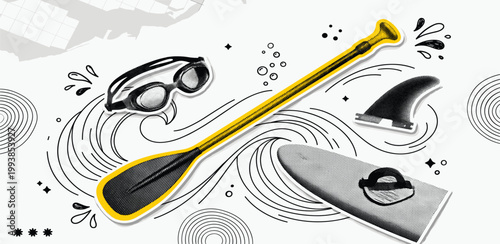 Dynamic graphic composition featuring water sports essentials like a paddle, surfboard, and goggles, surrounded by abstract waves, embodying summer fun and aquatic adventures
