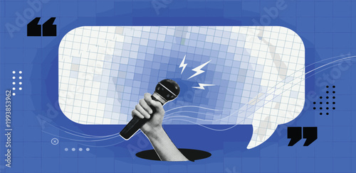 Voice of the people Graphic illustration depicting a hand holding a microphone emerging from a speech bubble, symbolizing public discourse, communication, and free expression