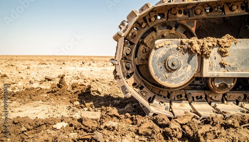Heavy machinery track covered in mud on a dry construction site.