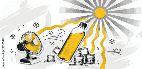 Stay cool during hot summer days with a fan, ice cubes, and refreshing drink