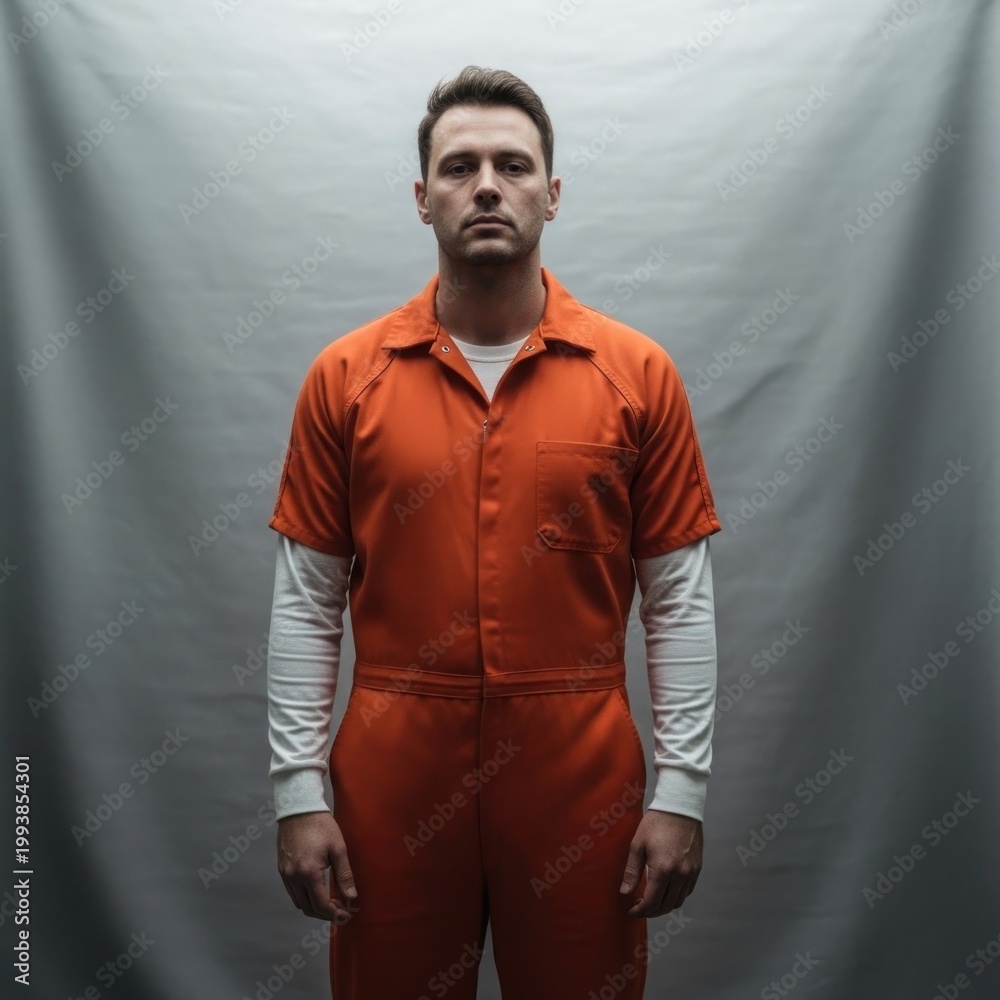 Obraz premium Man in Orange Jumpsuit Standing Against Grey Backdrop.
