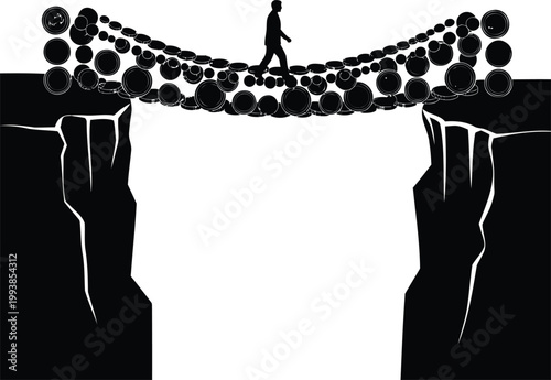 Man walking on suspension bridge made of coins over a deep chasm vector illustration.