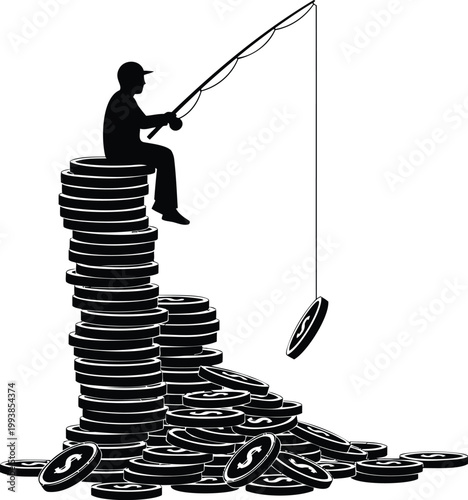 Silhouette of fisherman sitting on stack of coins, fishing for money, vector illustration.