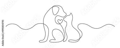 Continuous one line drawing of cat and dog together. Minimalist veterinary clinic logo with cute pets. Simple outline icons for animal hospital or vet care design. Contour Vector illustration