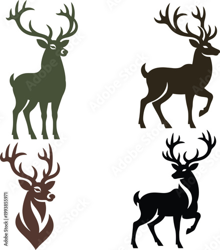 This image features a set of four stylized deer (stag) illustrations arranged in a grid. Each design highlights the animal’s iconic antlers and graceful form, with variations in posture including stan