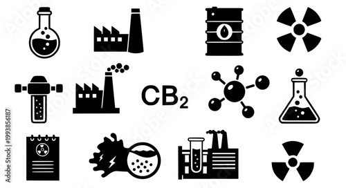 Solid Black Industrial Science Icon Set Nuclear Factory Oil Vector Illustration