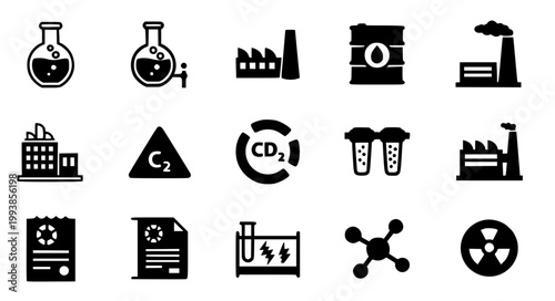 Industrial Science Solid Black Icon Set Factory Oil Nuclear Vector Collection