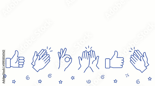 Modern blue line vector icons of hand gestures: thumbs up, clapping, OK, high five, suitable for UI/UX design, social media and positive feedback.