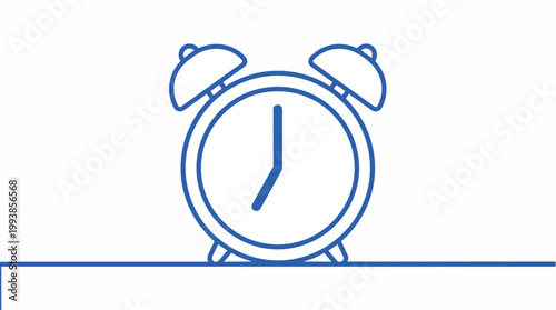 Modern blue outline alarm clock icon showing 7 o'clock on a white background, minimalist line art style, concept for time management, scheduling apps and deadline reminders.