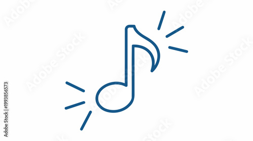 Modern blue outline musical note icon with radiating sound waves, flat vector illustration on clean white background, concept for music streaming, audio apps and entertainment promotion.