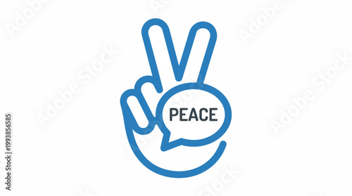 Modern blue outline vector of hand showing peace sign with 'PEACE' text in a speech bubble, ideal for social media, awareness and communication.