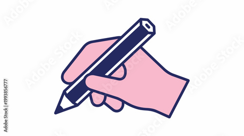 Pink hand holding a dark blue pencil in a flat vector style on white, suitable for educational materials, creative blog headers and office branding.