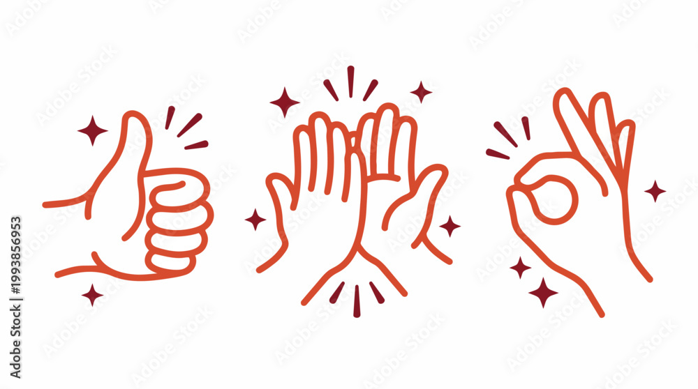 Obraz premium Red line art icons of thumbs up, high five and okay hand gestures with sparkles, perfect for social media engagement, positive feedback and approval graphics.