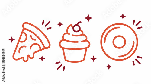 Red line art icons of a pizza slice, cupcake with cherry, and glazed donut with sparkles, ideal for restaurant menus, food blogs and bakery branding.